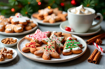 A festive plate of gingerbread cookies, beautifully decorated with icing, sugars, and sprinkles, sits beside a cozy mug of hot cocoa. Perfect for a holiday celebration in a winter setting.
