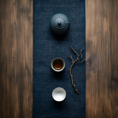 Fototapeta premium Zenith Tea Still Life, Serene arrangement of teapot, cups, and twig on textured blue fabric against rich wooden backdrop invoking calm