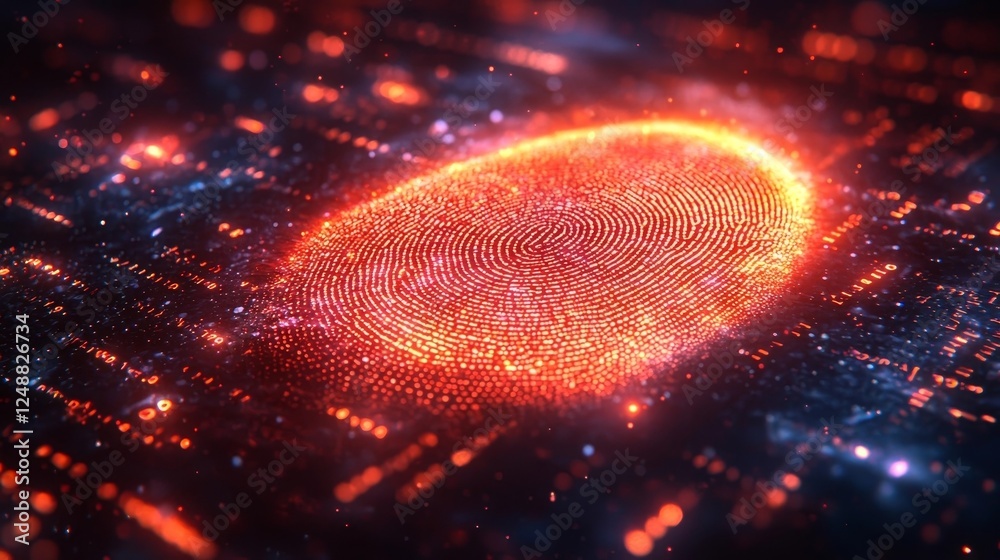 Poster conceptual digital fingerprint scan over binary code for advanced fraud detection