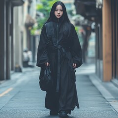 Woman in black coat and baggy street outfit posing for realistic photography with copy space