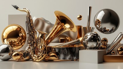 Luxury brass musical instruments in a modern setting