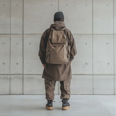 Man in brown jacket and pants wearing baggy street outfit in realistic photography with copy space