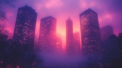 Obraz premium Mystical Cityscape at Dusk with Glowing Skyscrapers in Pink and Purple Hues