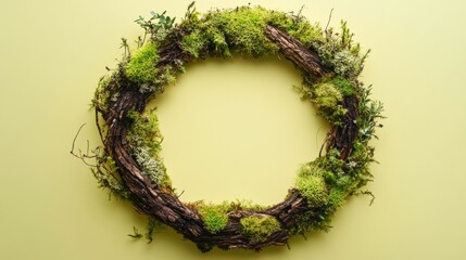 Fototapeta premium A rustic woodland wreath adorned with moss rests on green surface