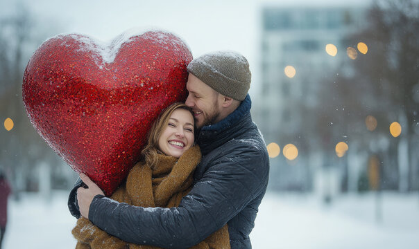man hugging his wife with heart bloon