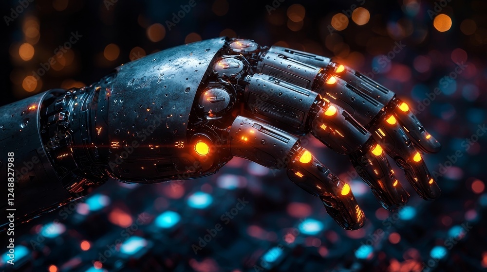 Poster robotic hand hovering over glowing feedback icons and categorized text reviews in sentiment analysis