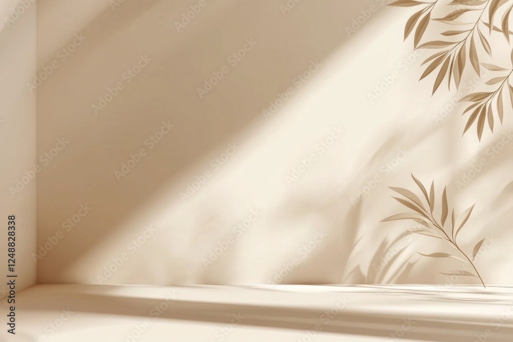 Poster soft shadows caress a minimalist beige backdrop adorned with subtle organic motifs, creating an eleg