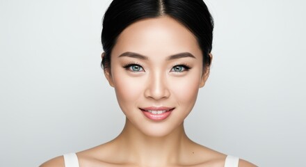 Fototapeta premium Stunning Portrait Photograph of a Smiling Woman with Flawless Skin and Bright Eyes Ideal for Beauty, Skincare, and Lifestyle Concepts