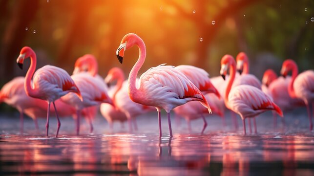 Beautiful Flock of Pink Caribbean Flamingos Standing Peacefully in Shallow Water