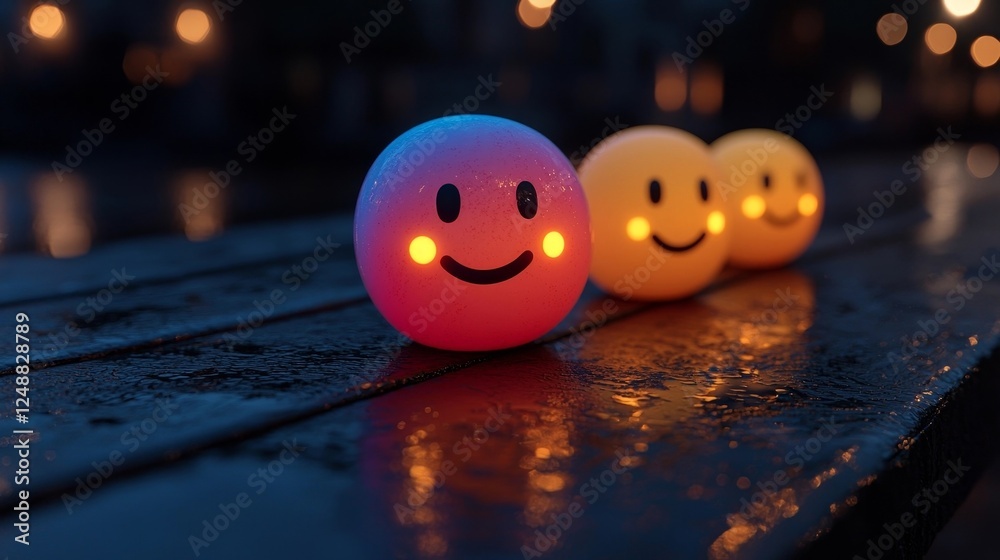 Poster glowing smiley faces and gradient bars in minimalist app interface for sentiment analysis