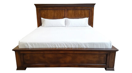 Warm wooden bed covered in crisp white sheets invites rest