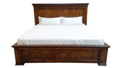 Warm wooden bed covered in crisp white sheets invites rest