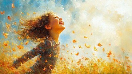 The girl is standing in the middle of a vibrant field filled with yellow flowers. She's joyfully looking upwards and letting out a happy squeal as she watches butterflies flying around her. Her arms a