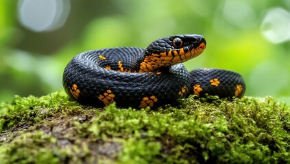 Black Snake with Orange Spots Coiled on Mossy Log in Lush Green Forest