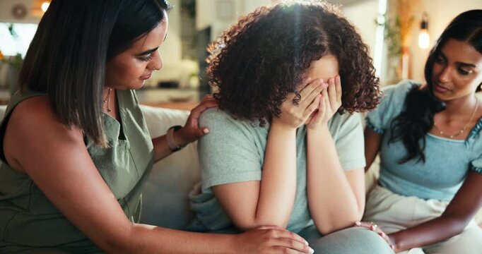 Sad, crying and friends with support, home and women with sympathy in living room, unhappy and care. House, comforting and emotional for rejection of university, consoling and people with empathy