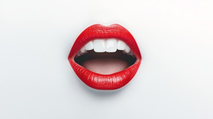 Naklejka premium Sensual open mouth showing perfect white teeth and red lipstick, representing beauty, cosmetology, and dental care on a clean white background