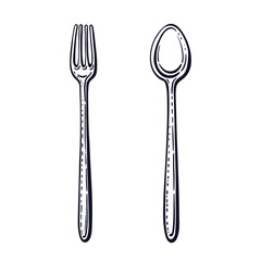 Spoon, fork sketch. Art hand drawn vector symbol