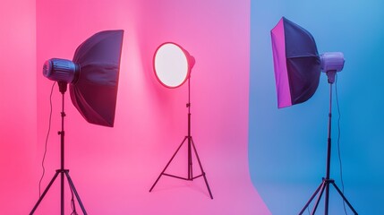 Photography Studio with Neon Pink and Blue Lights