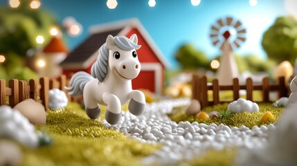 Playful -style Farm with Cute Horse Toy Figure. Generative AI