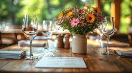 Summer Restaurant Table Setting with Flowers