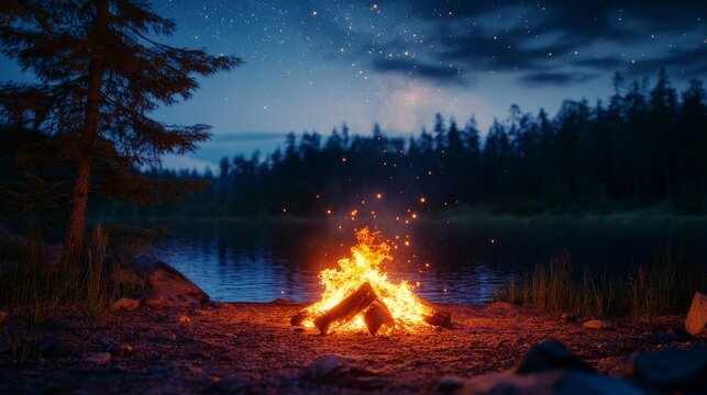 Glowing campfire illuminates the tranquil lake at night under stars