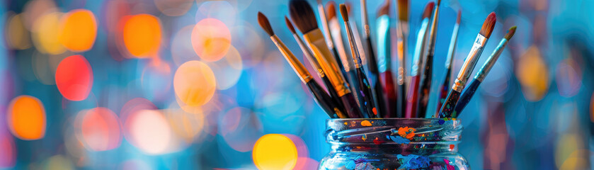 Fototapeta premium Artistic close-up of vibrant paintbrushes in a jar at an art studio colorful palette shallow depth of field for creative inspiration