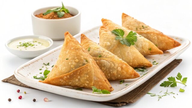Golden-Brown Crispy Samosas: A Delightful Treat, Isolated on White Background. Perfect for menus and