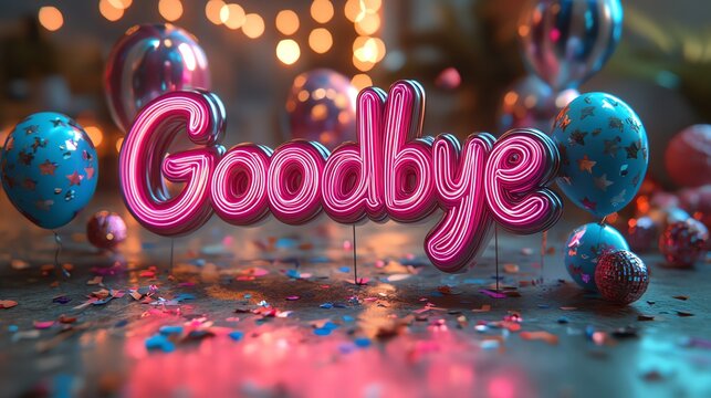 A vibrant farewell scene featuring colorful balloons and confetti, with a glowing 'Goodbye' sign in a festive setting, perfect for celebrating goodbyes and new beginnings.