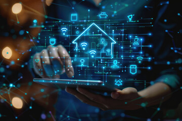Exploring the future of smart home technology holographic icons and digital interfaces in a modern living with hands holding a tablet