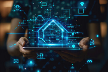 Exploring futuristic smart home technology holographic icons and digital interfaces in a modern living interactive tablet experience