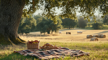 Serene Picnic in a Golden Meadow Underneath the Shade of a Majestic Oak Tree