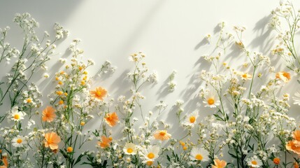 Delicate daisies and orange cosmos form a floral arrangement