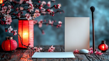 A single sheet of blank paper on a wooden table, alongside a calligraphy brush and inkstone, surrounded by delicate cherry blossoms and red lanterns, ambient light from a nearby lamp