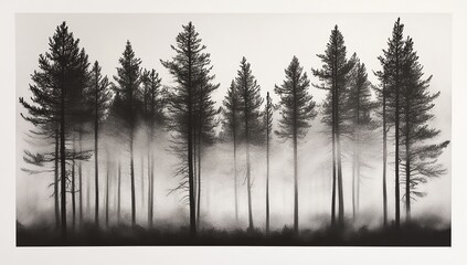 Fototapeta premium Misty Forest: Tall Pine Trees Stand Silently in Foggy Dawn, Creating an Ethereal Atmosphere of Tranquility and Mystery.