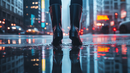 Rainy Night Cityscape Reflections in Puddle