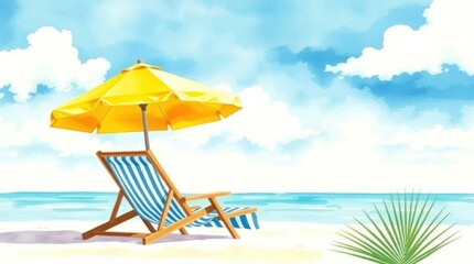 Beach Scene With Yellow Umbrella And Deck Chair