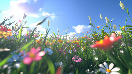 A Vibrant Meadow of Colorful Flowers Under a Sunny Sky