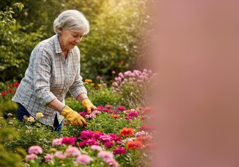 Elderly Woman Gardening with Vibrant Flowers under the Sunlight, Photograph Capturing Joyful Outdoor Activity in the Garden