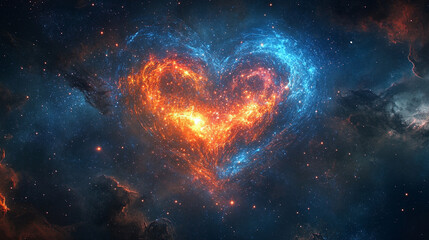 Obraz premium The image features a captivating space scene, with a heart-shaped nebula in vibrant hues of orange and blue against the deep black background. A faint glow emanates from within the nebula, giving it a