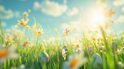 A Sunny Meadow Filled with Daisies and Easter Eggs