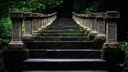 Serene stone staircase leading through lush greenery in a tranquil forest setting