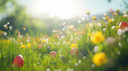 Spring Meadow with Easter Eggs - A Vibrant Nature Scene