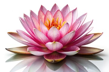 A solitary pink water lily blooms, isolated against a stark white background, capturing the nocturnal beauty of this aquatic flower.