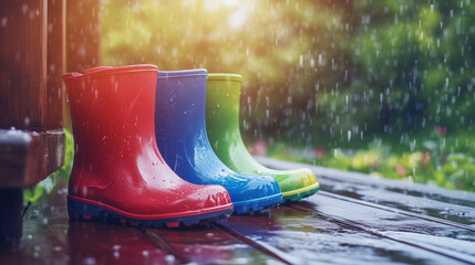 Colorful Rain Boots on a Wet Wooden Deck in the Rain