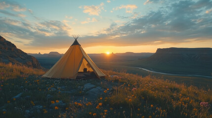 Serene Sunrise Over Mountain Valley with a Camping Tent
