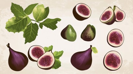 Vibrant Figs and Leaves: A Colorful Fruit Illustration