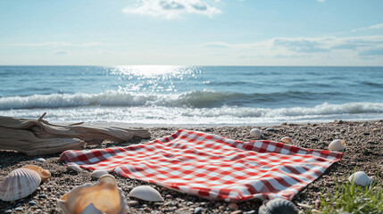 Red Picnic Blanket on a Picturesque Beach