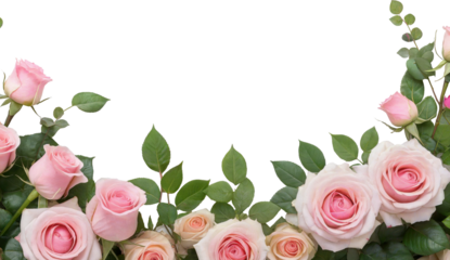 A frame of rose flowers with leaves on a transparent background with space for text, greeting card