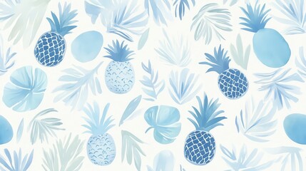 Delicate Pastel Blue Pineapple and Tropical Leaf Pattern