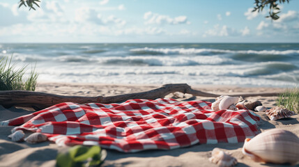 Red and White Picnic Blanket on a Sandy Beach, Ocean View